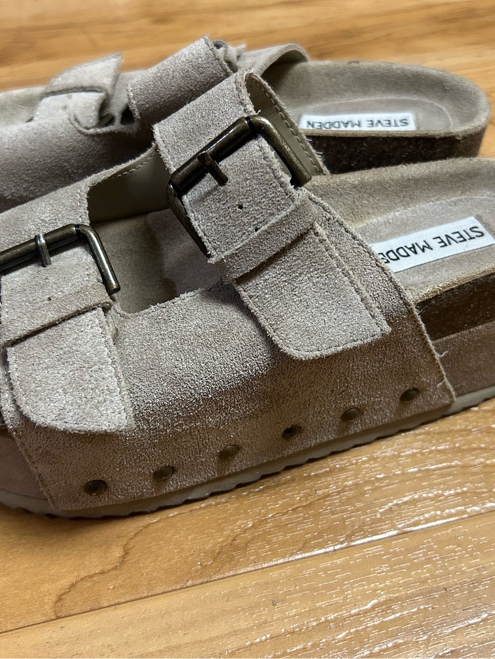 Steve Madden women’s Taupe Suede Double Buckle Slide Sandals